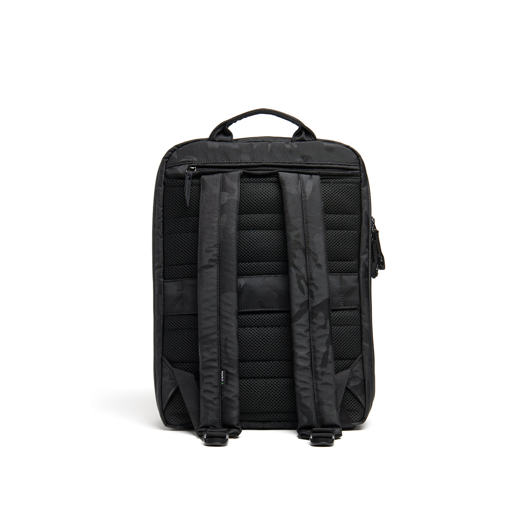 Mueslii travel backpack, made of waterproof jacquard nylon, camouflage pattern, with a laptop compartment, color black, back view.