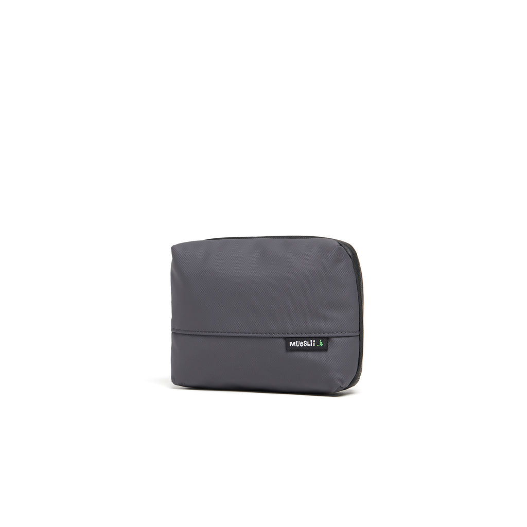 Mueslii tech case, made of PU coated waterproof nylon, color grey, side view.