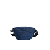 Mueslii puffer waist bag, made of high density nylon and Ykk zips, color blue, back view.