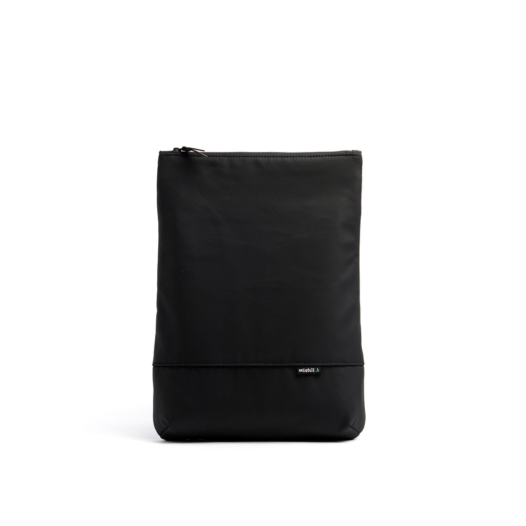 Mueslii light backpack,  made of PU coated waterproof nylon, with a laptop compartment, color coal black, front view, front view.
