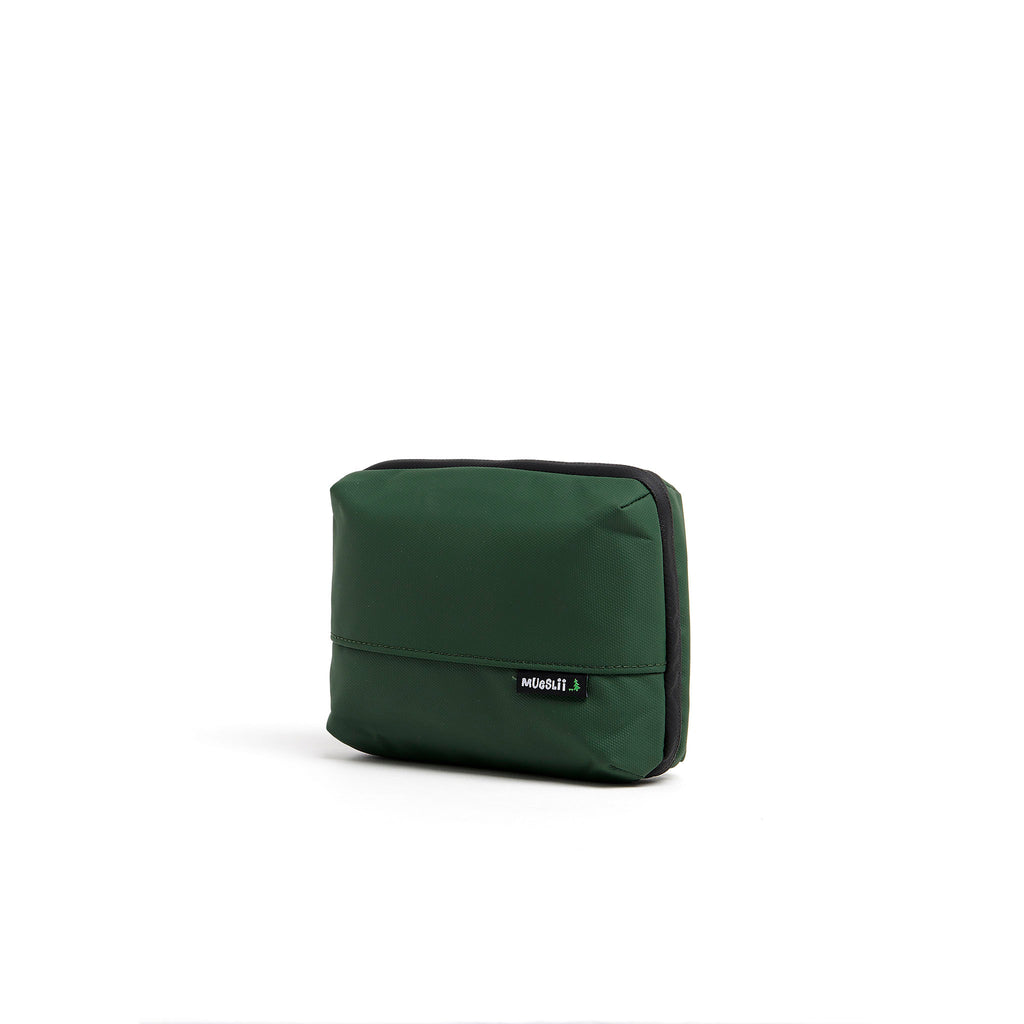 Mueslii tech case, made of PU coated waterproof nylon, color olive green, side view.