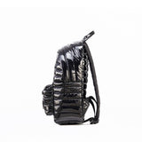 Mueslii original puffer medium and small backpack made of metal coated nylon and Ykk zips, color metal black, side view.