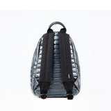 Mueslii original puffer medium and small backpack made of metal coated nylon and Ykk zips, color stone coal grey, back view.