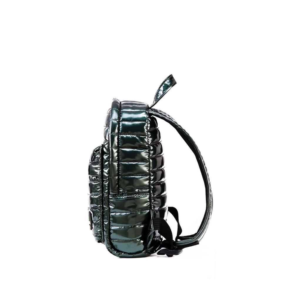 Mueslii original puffer Mini pack made of high density nylon and Ykk zips, color metal green, side view.