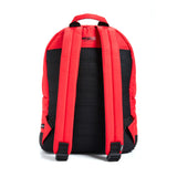 Mueslii original puffer laptop backpack made of high density nylon and Ykk zips, color matte red, back view.