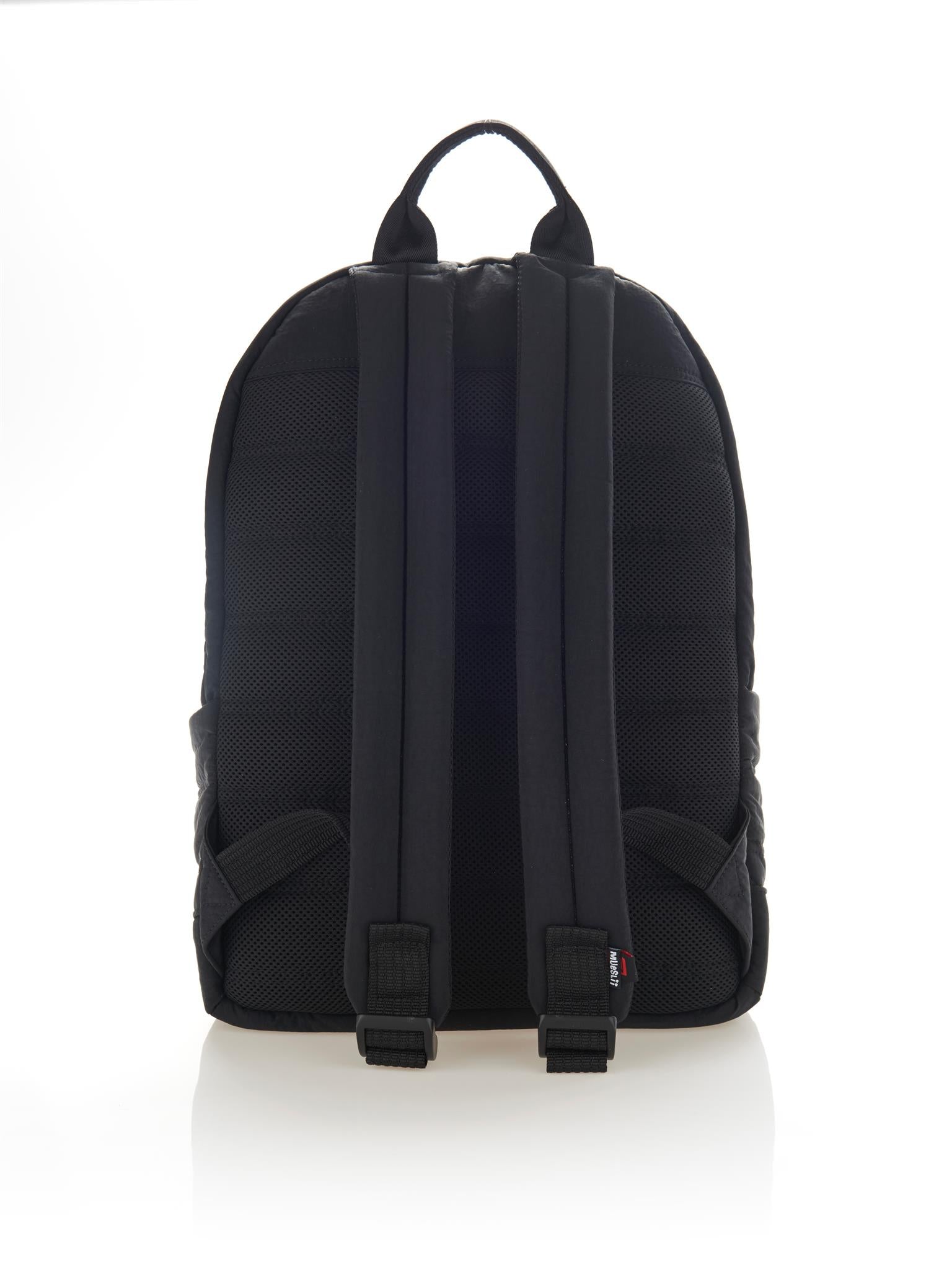Mueslii original puffer laptop backpack made of high density nylon and Ykk zips, color matte black, back view.