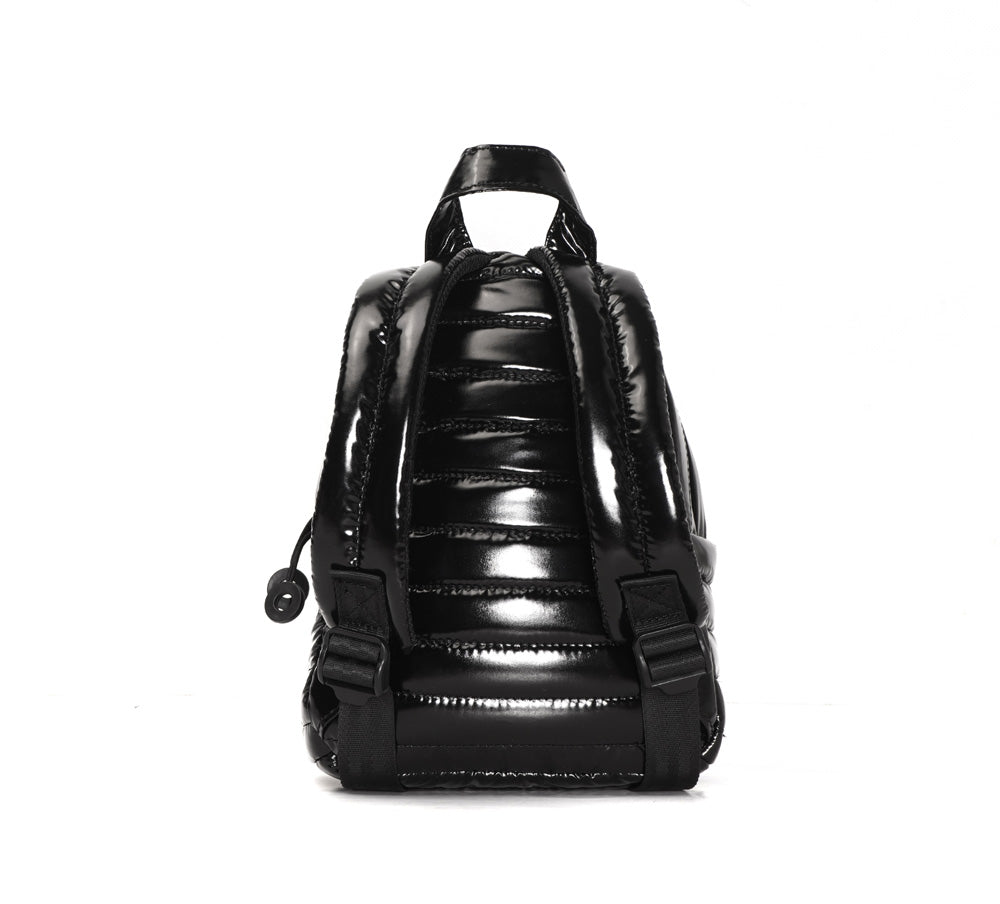 Mueslii original puffer extra small pack made of high density nylon and Ykk zips, color black, back side.