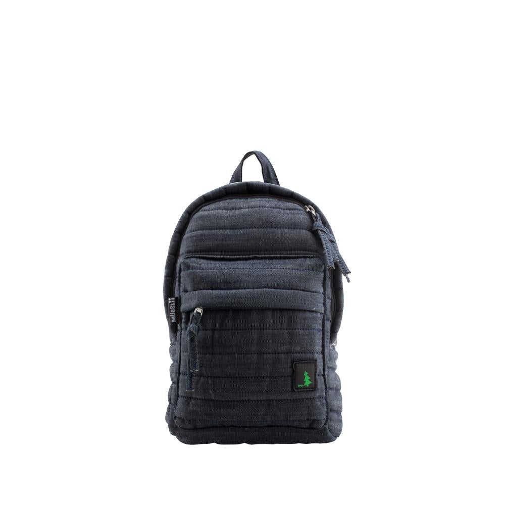 Mueslii original puffer Mini pack made of high density nylon and Ykk zips, color navy denim, front view.