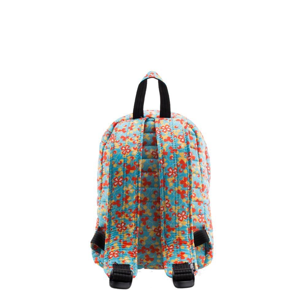Mueslii original puffer Mini pack made of high density nylon and Ykk zips, patter hippies dream, back view.