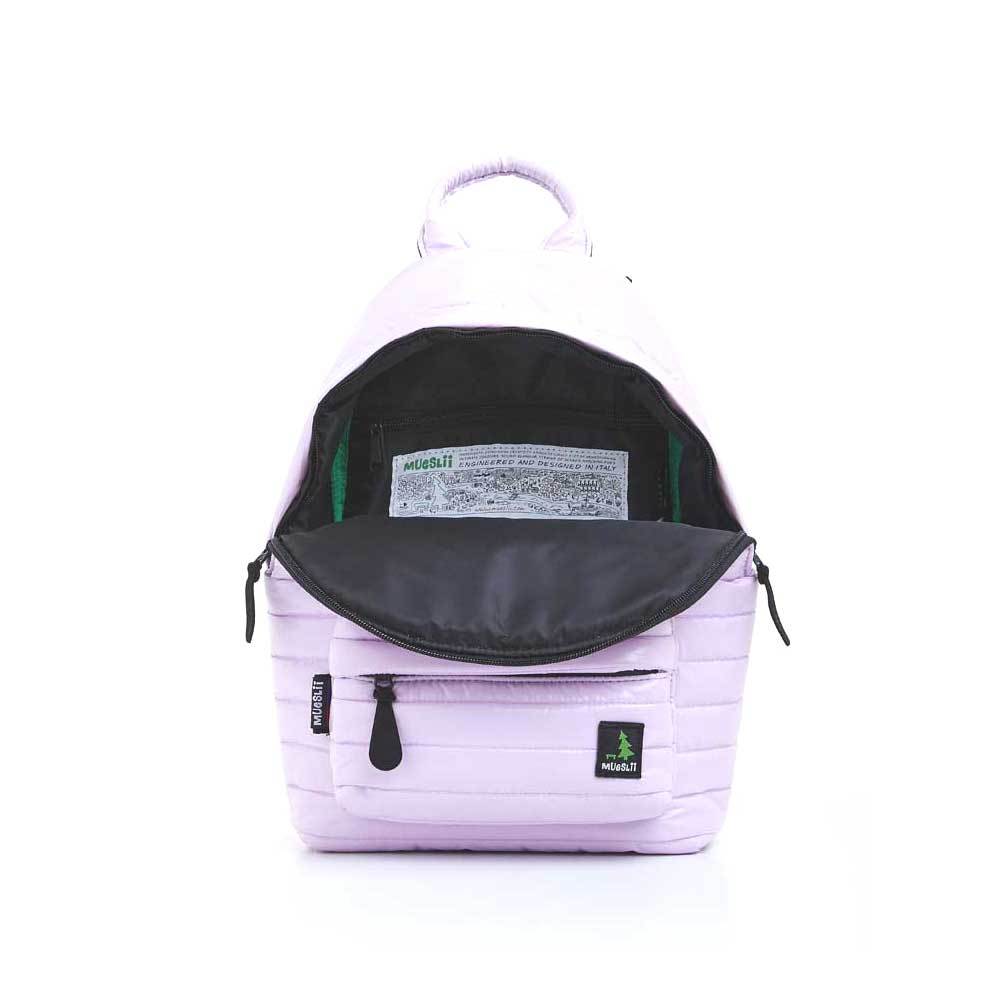 Mueslii original puffer medium and small backpack made of high density nylon and Ykk zips, color light pink, inside view.
