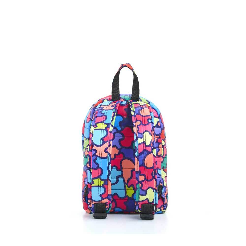 Mueslii original puffer Mini pack made of high density nylon and Ykk zips, pattern puzzle, back view.