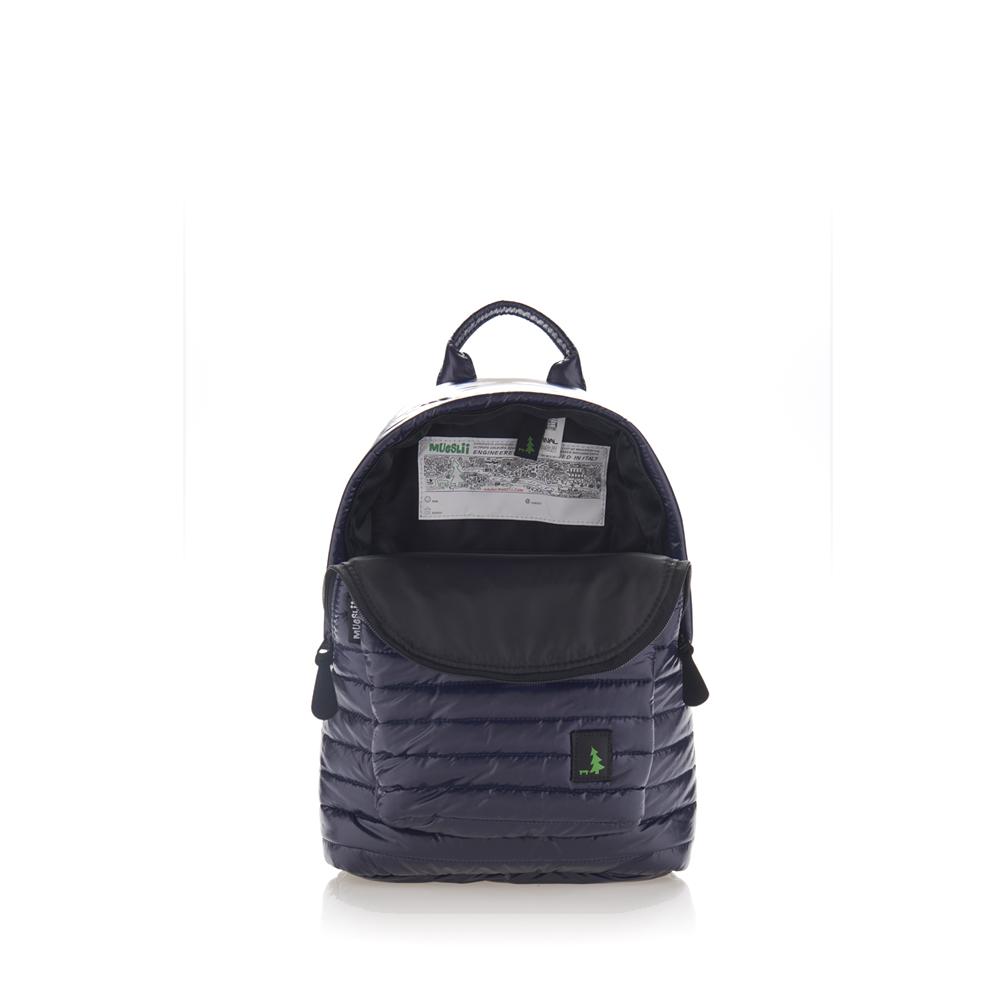 Mueslii original puffer Mini pack made of high density nylon and Ykk zips, color blue, inside view.