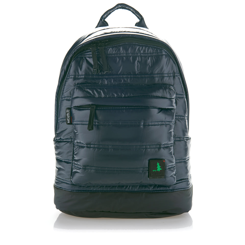 Mueslii original puffer laptop backpack made of high density nylon and Ykk zips, color blue shiny, front view.